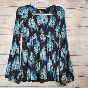 FREE PEOPLE Top S/P Speak Easy Floral V-Neck Tunic Bubble Bell Flare Sleeve Gray